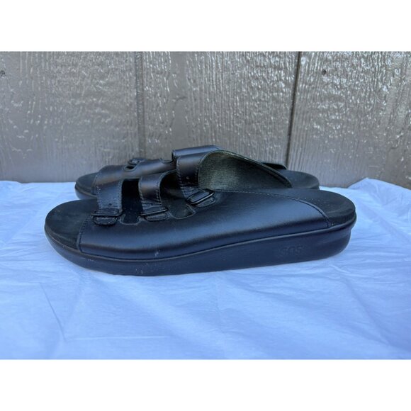 SAS Women's Black Leather Slide Sandals 3 Adjustable Strap Buckles Comfort 11 - Picture 2 of 10